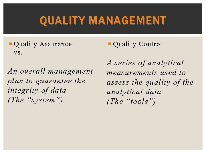 QUALITY MANAGEMENT Quality Assurance vs. An overall management plan to guarantee the integrity of