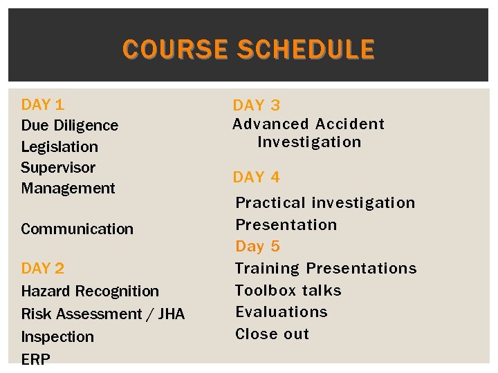 COURSE SCHEDULE DAY 1 Due Diligence Legislation Supervisor Management Communication DAY 2 Hazard Recognition