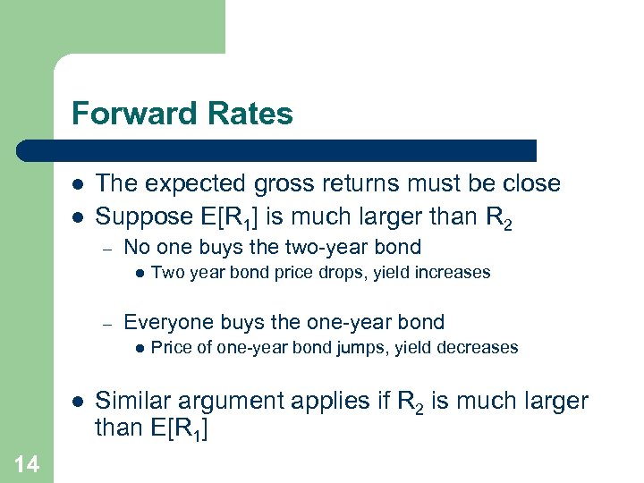 Forward Rates l l The expected gross returns must be close Suppose E[R 1]