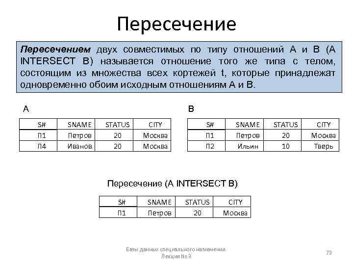 Пересечением двух совместимых по типу отношений А и В (A INTERSECT B) называется отношение