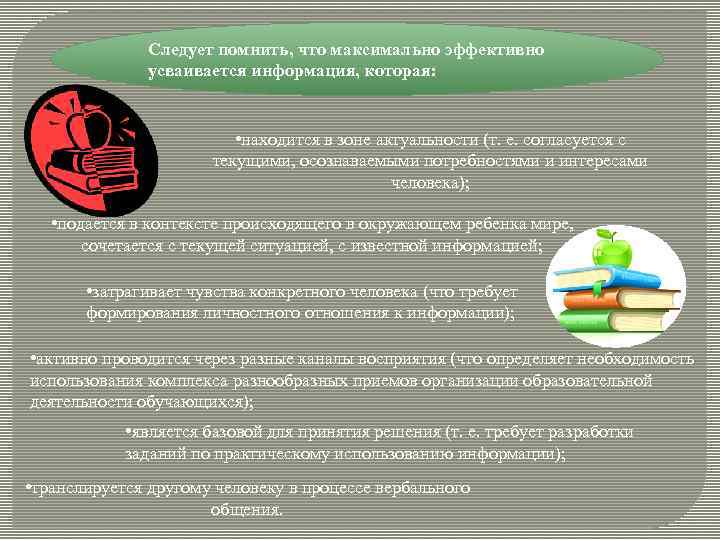 Следует помнить, что максимально эффективно усваивается информация, которая: • находится в зоне актуальности (т.