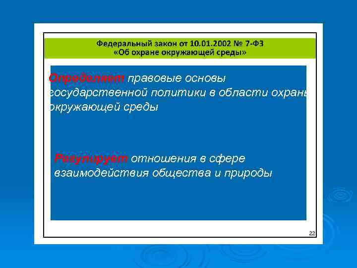 Определяет правовые основы государственной политики в области охраны окружающей среды Регулирует отношения в сфере