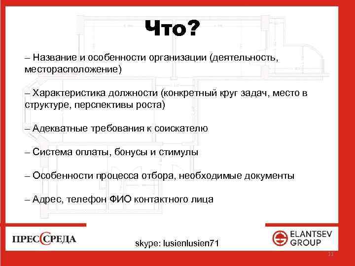 Что? – Название и особенности организации (деятельность, месторасположение) – Характеристика должности (конкретный круг задач,