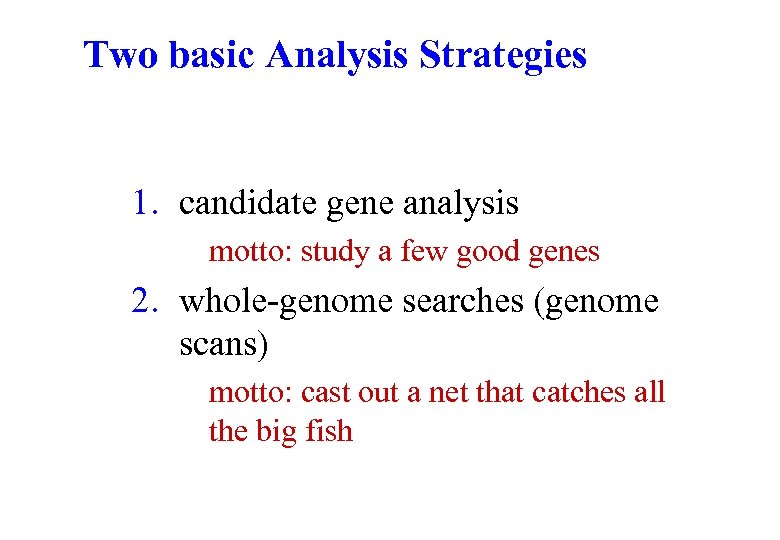 Two basic Analysis Strategies 1. candidate gene analysis motto: study a few good genes