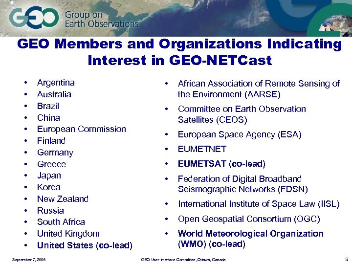 GEO Members and Organizations Indicating Interest in GEO-NETCast • • • • Argentina Australia