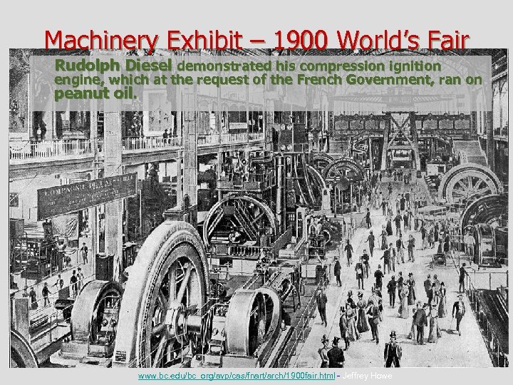 Machinery Exhibit – 1900 World’s Fair Rudolph Diesel demonstrated his compression ignition engine, which