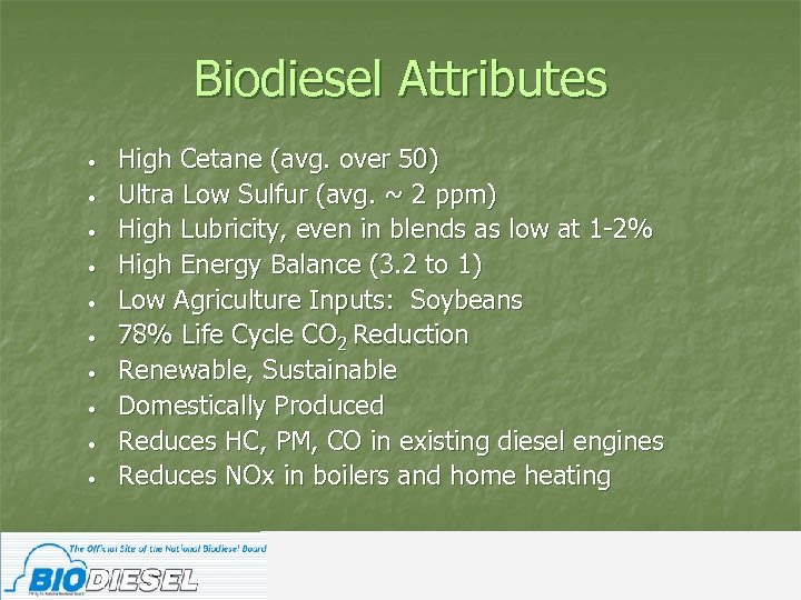 Biodiesel Attributes • • • High Cetane (avg. over 50) Ultra Low Sulfur (avg.