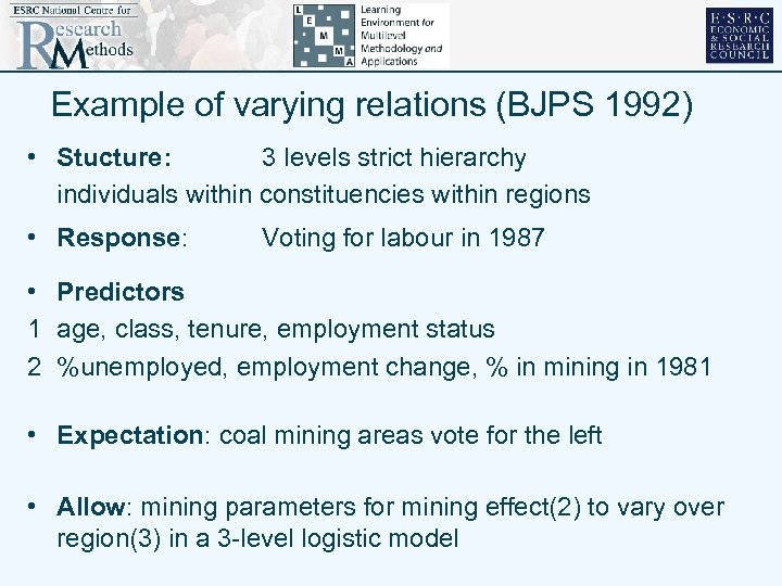 Example of varying relations (BJPS 1992) • Stucture: 3 levels strict hierarchy individuals within