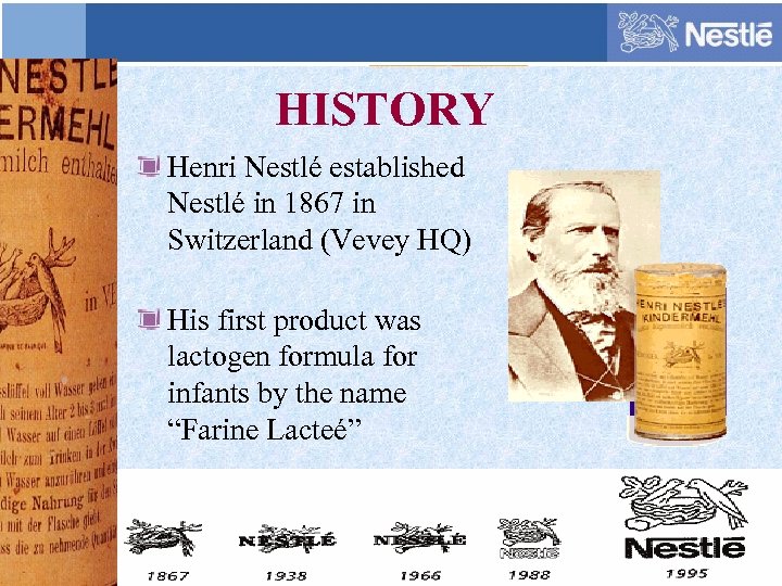 HISTORY Henri Nestlé established Nestlé in 1867 in Switzerland (Vevey HQ) His first product