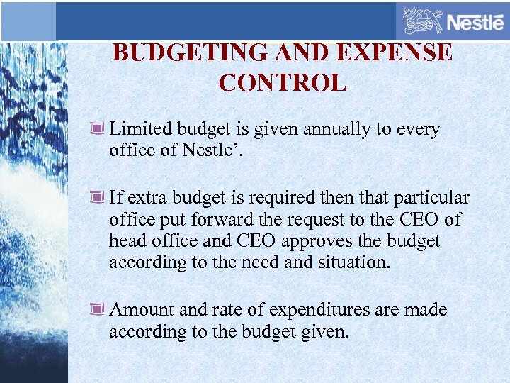 BUDGETING AND EXPENSE CONTROL Limited budget is given annually to every office of Nestle’.