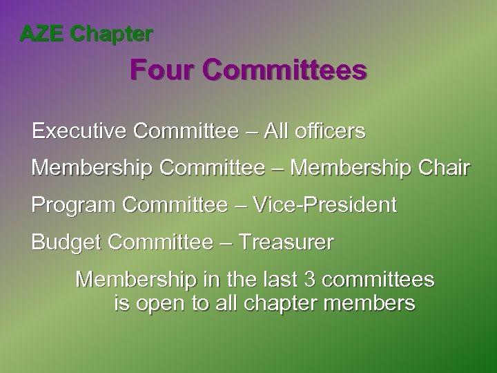 AZE Chapter Four Committees Executive Committee – All officers Membership Committee – Membership Chair