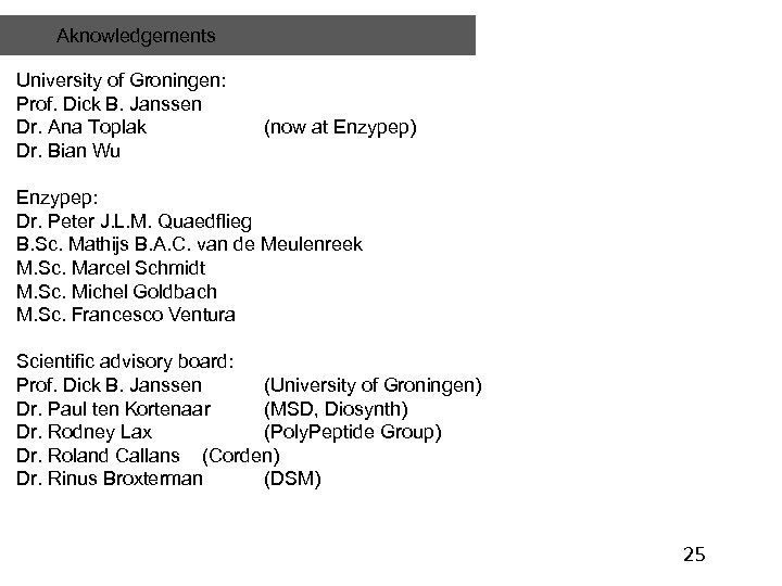 Aknowledgements University of Groningen: Prof. Dick B. Janssen Dr. Ana Toplak Dr. Bian Wu