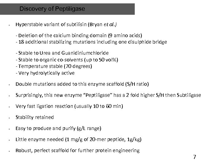 Discovery of Peptiligase • Hyperstable variant of subtilisin (Bryan et al. ) - Deletion