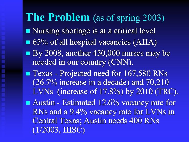 The Problem (as of spring 2003) Nursing shortage is at a critical level n