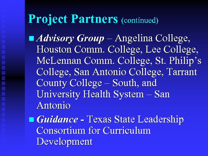 Project Partners (continued) n Advisory Group – Angelina College, Houston Comm. College, Lee College,