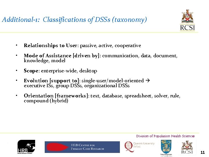 Additional-1: Classifications of DSSs (taxonomy) • Relationships to User: passive, active, cooperative • Mode