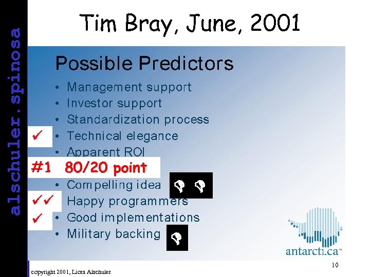 alschuler. spinosa Tim Bray, June, 2001 #1 80/20 point copyright 2001, Liora Alschuler 10