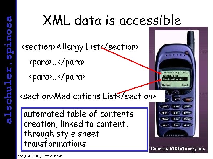 alschuler. spinosa XML data is accessible <section>Allergy List</section> <para>…</para> <section>Medications List</section> automated table of
