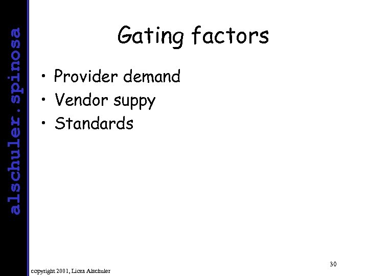 alschuler. spinosa Gating factors • Provider demand • Vendor suppy • Standards copyright 2001,