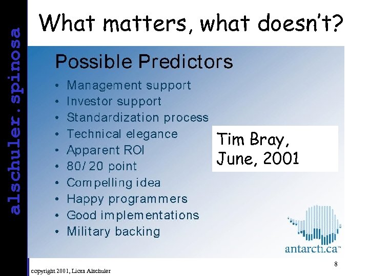 alschuler. spinosa What matters, what doesn’t? Tim Bray, June, 2001 copyright 2001, Liora Alschuler