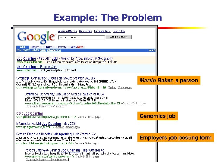 Example: The Problem Martin Baker, a person Genomics job Employers job posting form 