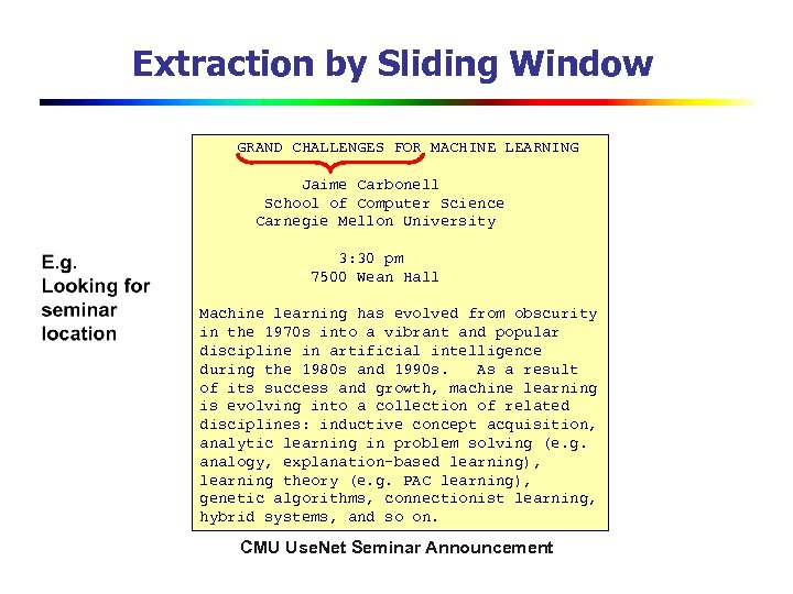 Extraction by Sliding Window GRAND CHALLENGES FOR MACHINE LEARNING Jaime Carbonell School of Computer