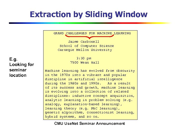 Extraction by Sliding Window GRAND CHALLENGES FOR MACHINE LEARNING Jaime Carbonell School of Computer