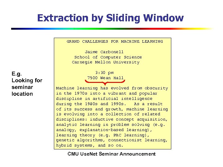 Extraction by Sliding Window GRAND CHALLENGES FOR MACHINE LEARNING Jaime Carbonell School of Computer