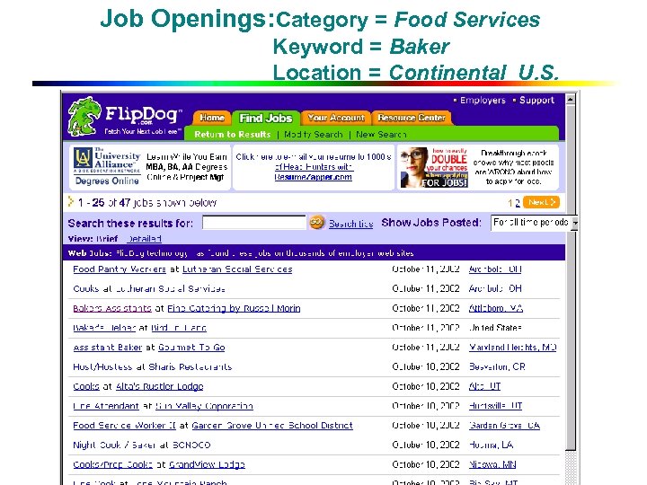 Job Openings: Category = Food Services Keyword = Baker Location = Continental U. S.