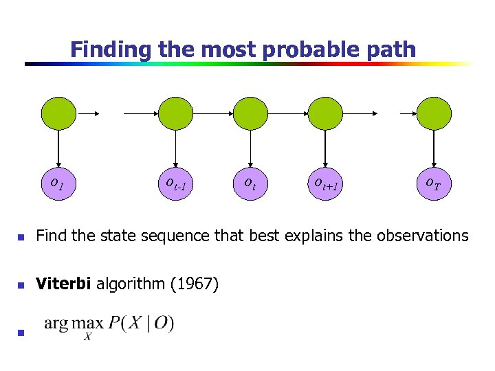 Finding the most probable path o 1 ot-1 ot ot+1 o. T n Find