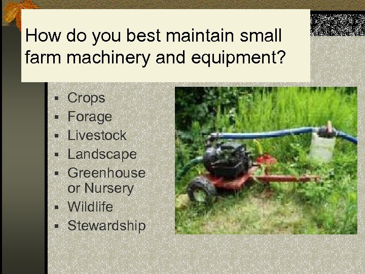 How do you best maintain small farm machinery and equipment? § Crops § Forage