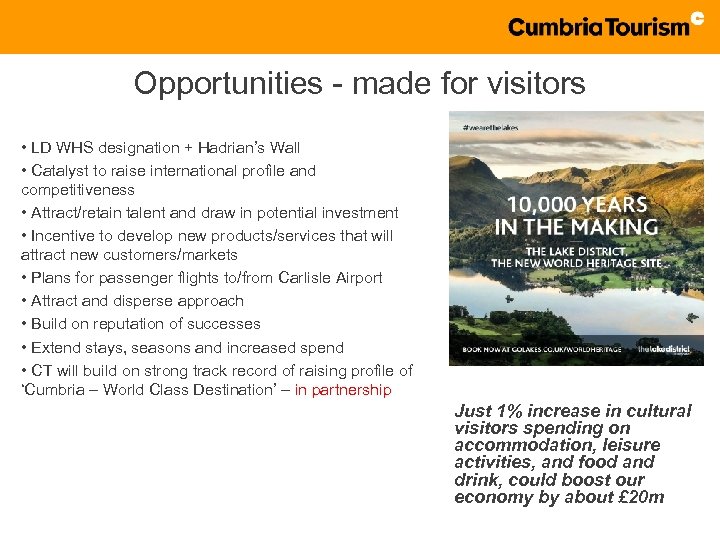 Opportunities - made for visitors • LD WHS designation + Hadrian’s Wall • Catalyst