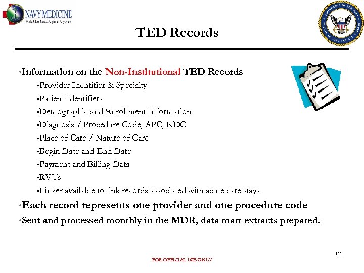 TED Records • Information on the Non-Institutional TED Records • Provider Identifier & Specialty