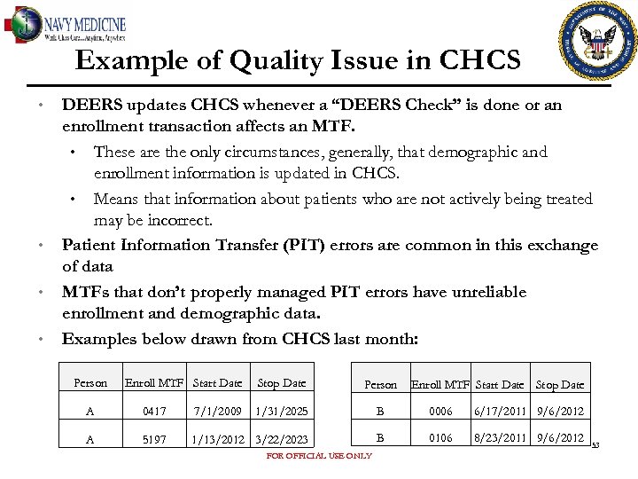 Example of Quality Issue in CHCS • • DEERS updates CHCS whenever a “DEERS