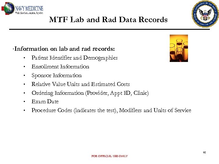 MTF Lab and Rad Data Records • Information • • on lab and rad