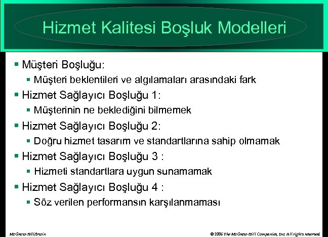 Hizmet Kalitesi Boşluk Modelleri § Müşteri Boşluğu: § Müşteri beklentileri ve algılamaları arasındaki fark