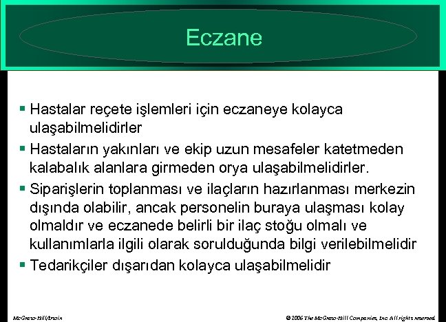 Eczane § Hastalar reçete işlemleri için eczaneye kolayca ulaşabilmelidirler § Hastaların yakınları ve ekip