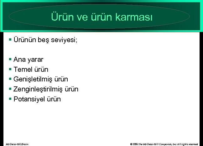 Ürün ve ürün karması § Ürünün beş seviyesi; § Ana yarar § Temel ürün