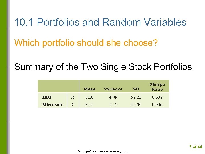 10. 1 Portfolios and Random Variables Which portfolio should she choose? Summary of the