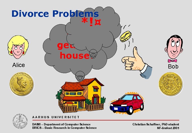 Divorce Problems *!¤ who gets the house? Alice Bob AARHUS UNIVERSITET DAIMI – Department