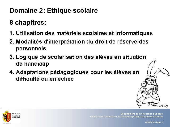 Domaine 2: Ethique scolaire 8 chapitres: 1. Utilisation des matériels scolaires et informatiques 2.