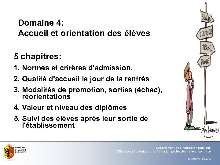 Domaine 4: Accueil et orientation des élèves 5 chapitres: 1. Normes et critères d'admission.