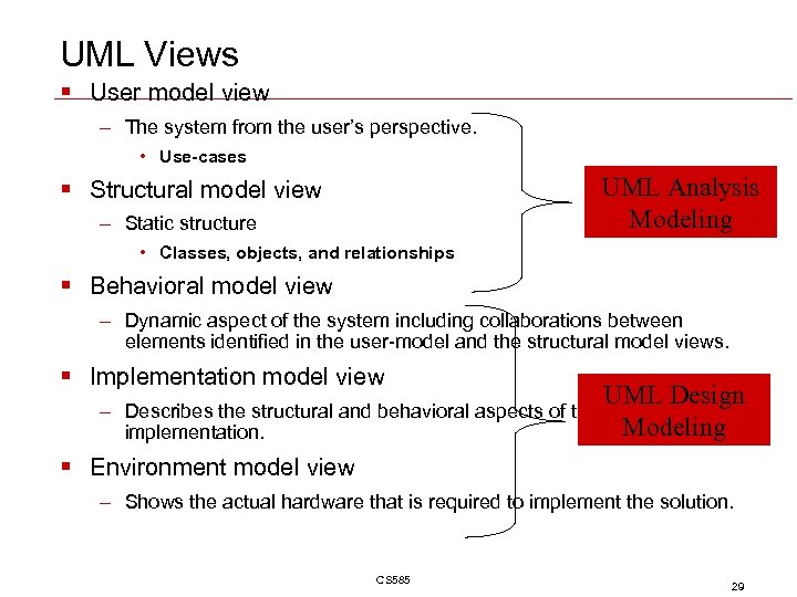 UML Views § User model view – The system from the user’s perspective. •