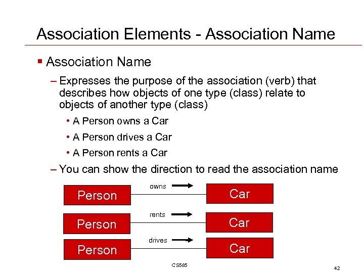 Association Elements - Association Name § Association Name – Expresses the purpose of the