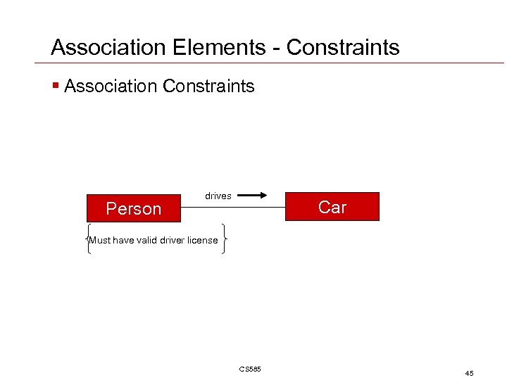 Association Elements - Constraints § Association Constraints Person drives Car Must have valid driver