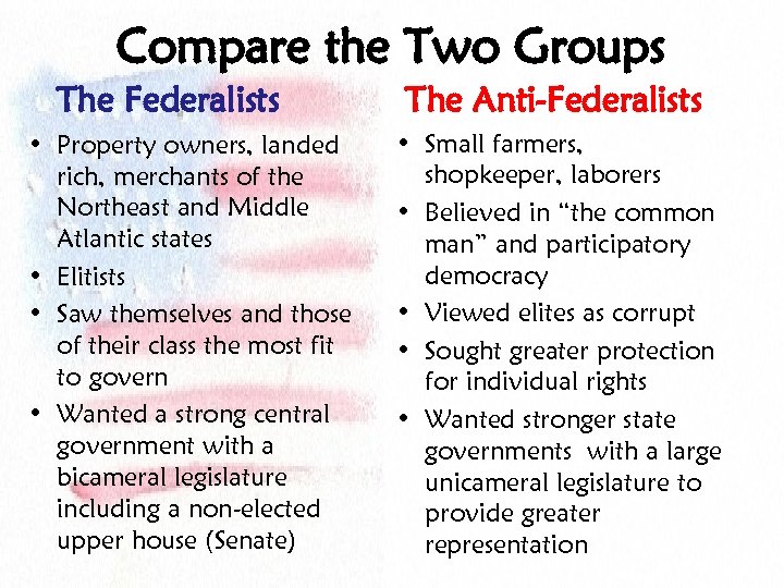 Compare the Two Groups The Federalists • Property owners, landed rich, merchants of the
