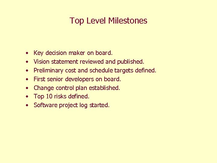 Top Level Milestones • • Key decision maker on board. Vision statement reviewed and