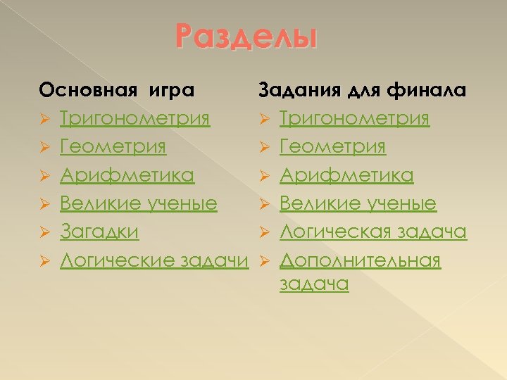 Разделы Основная игра Ø Тригонометрия Ø Геометрия Ø Арифметика Ø Великие ученые Ø Загадки