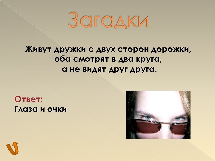 Живут дружки с двух сторон дорожки, оба смотрят в два круга, а не видят