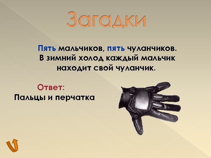 Пять мальчиков, пять чуланчиков. В зимний холод каждый мальчик находит свой чуланчик. Ответ: Пальцы